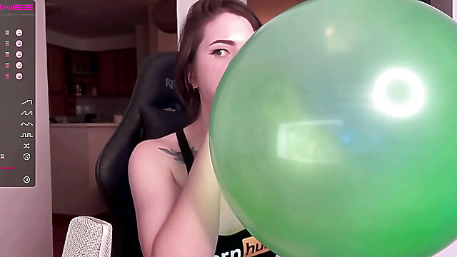 Balloon inflate, big green, teen sexy webcam, amateur small tits webcam, inflating balloon